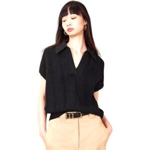 NWT Banana Republic Women Janette Cotton Knit Polo Top Size XS Cap Sleeve Black